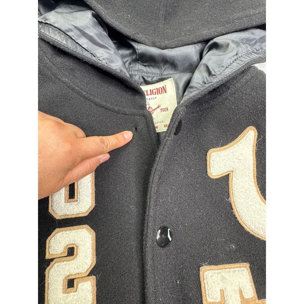True Religion Hooded Varsity Jacket Black White Chenille Patch XL 51086-00